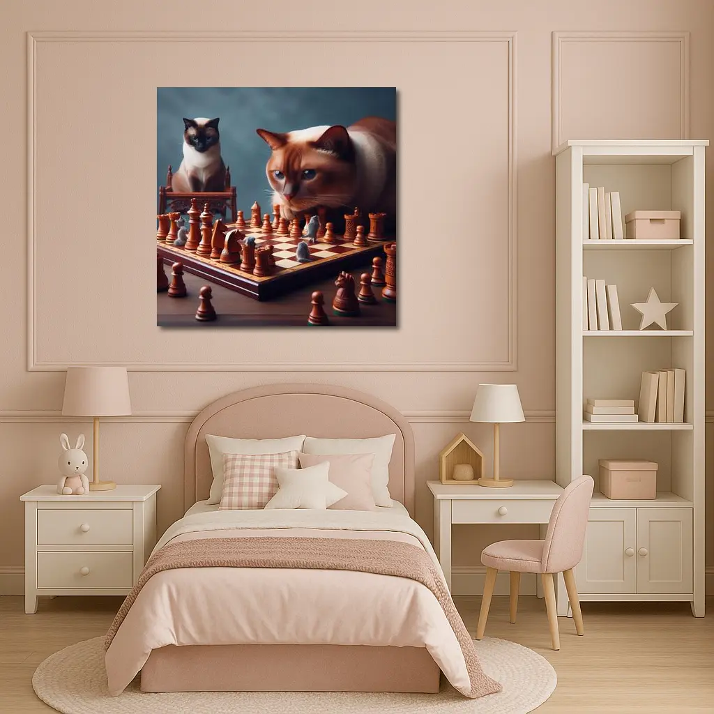 Siamese Cats Playing Chess Focused Game – Wall Art