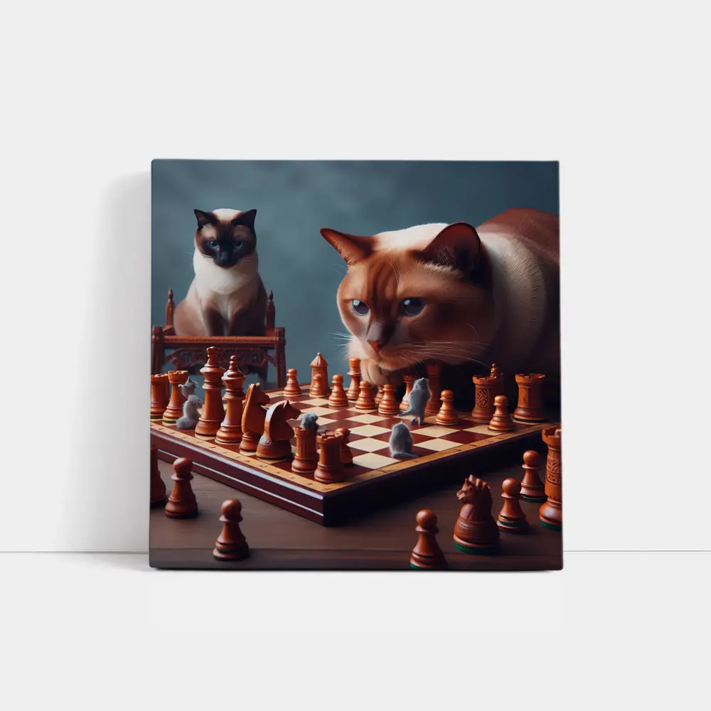 Siamese Cats Playing Chess Focused Game – Wall Art