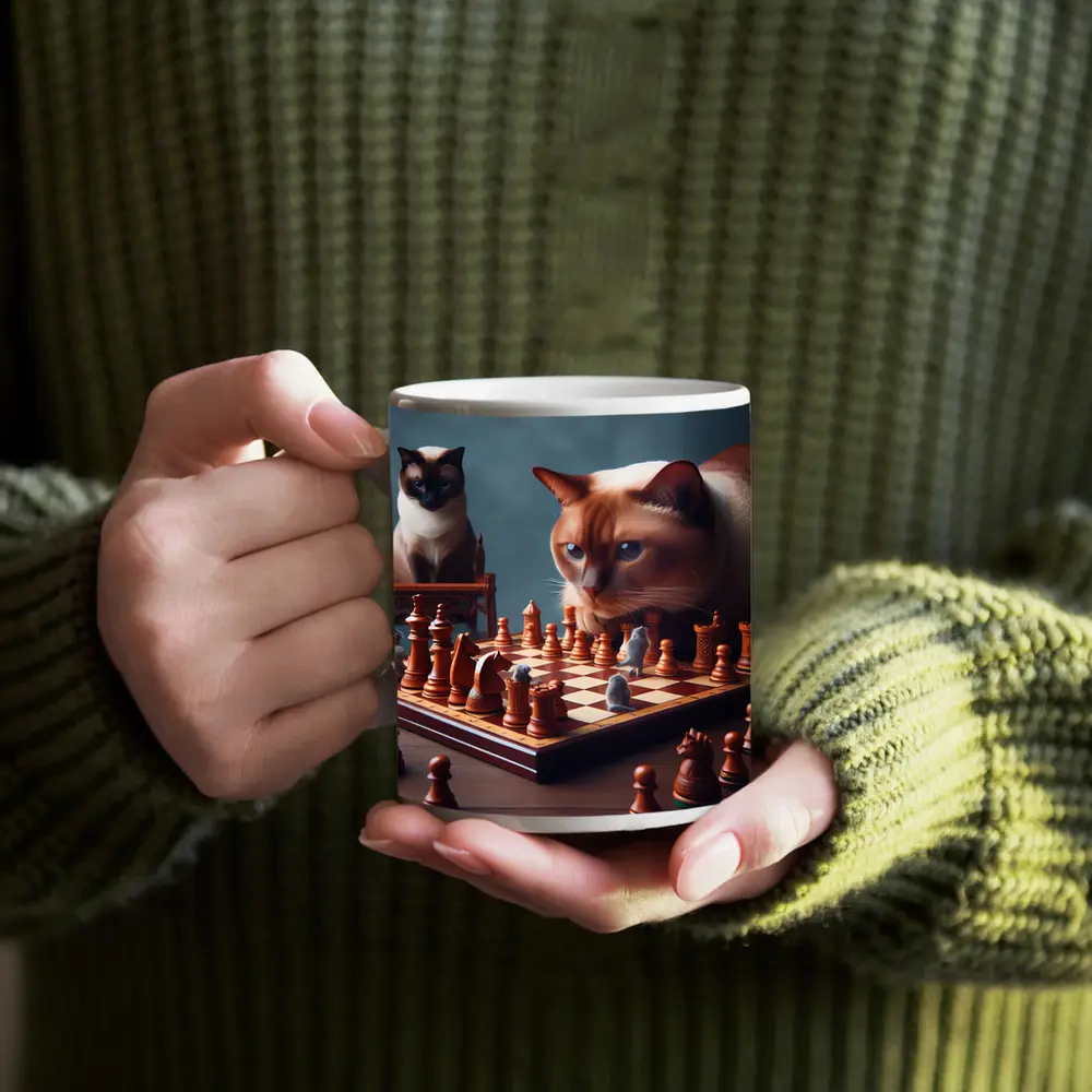 Siamese Cats Playing Chess Focused Game – Mugs