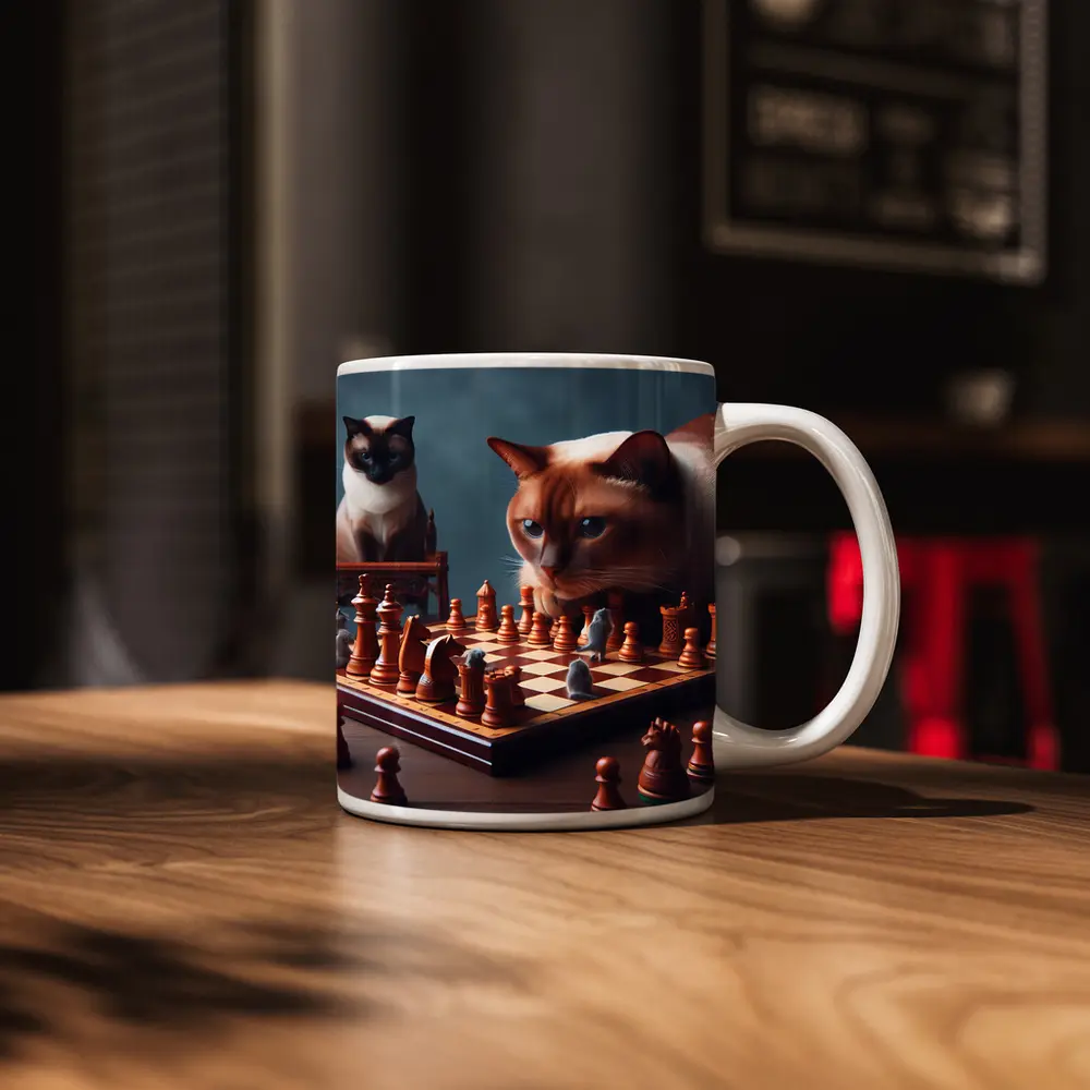 Siamese Cats Playing Chess Focused Game – Mugs