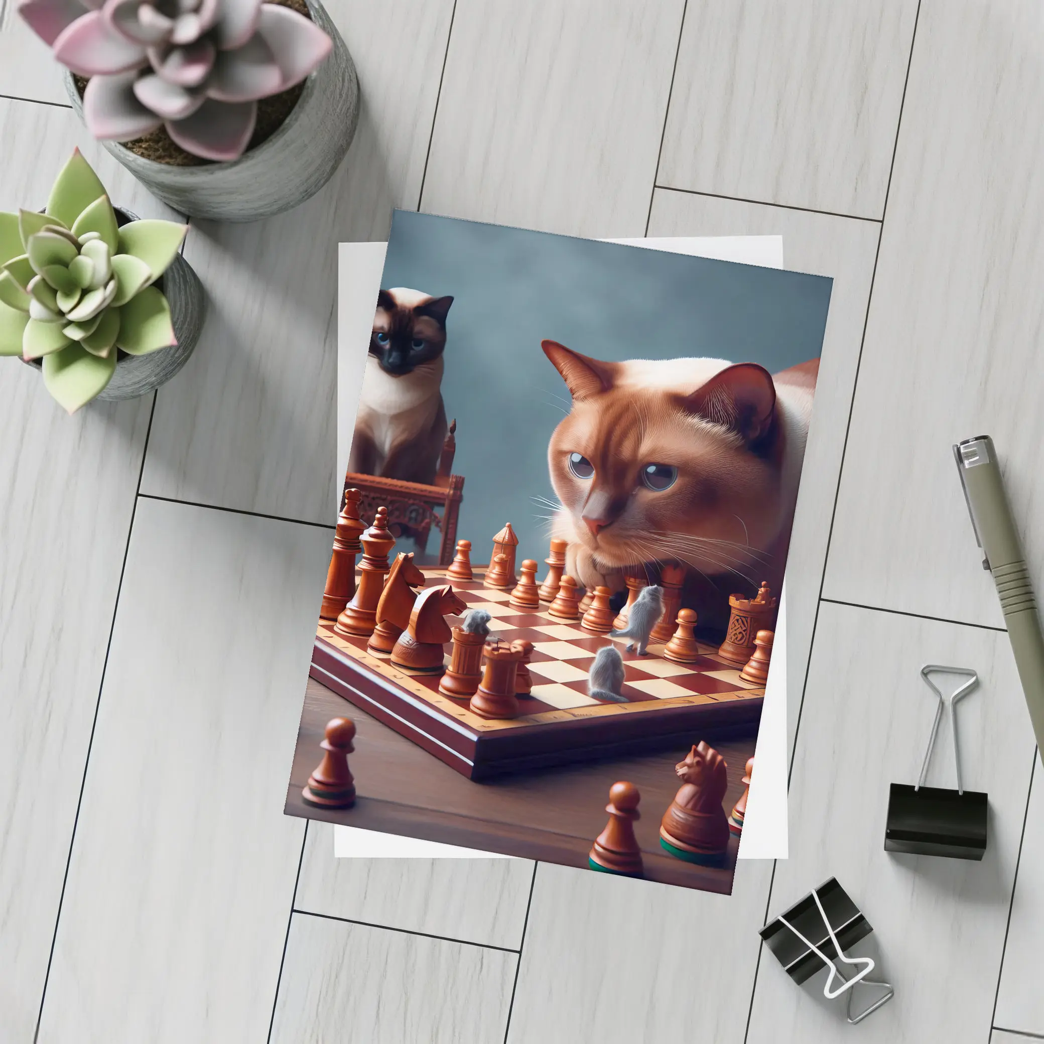 Siamese Cats Playing Chess Focused Game – Postcards