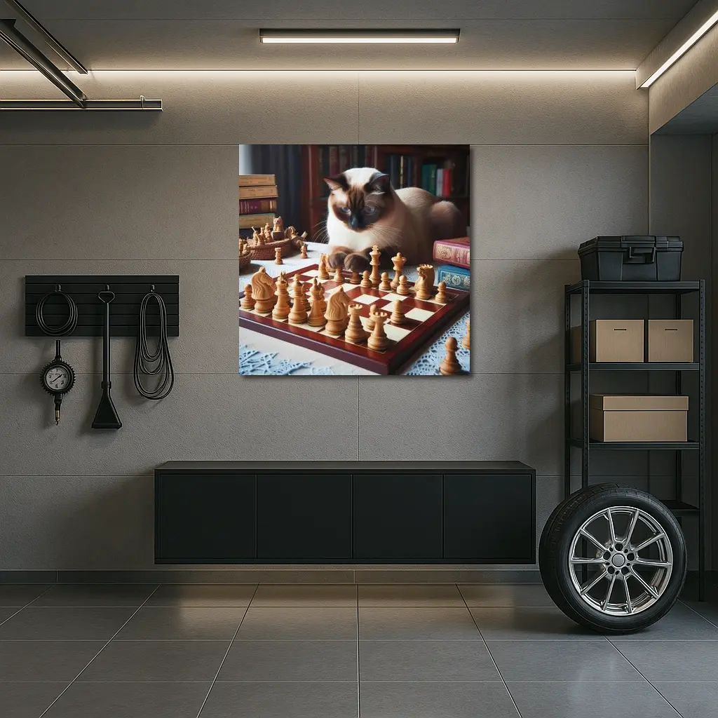 Siamese Cat Studying Chess Board Library – Wall Art