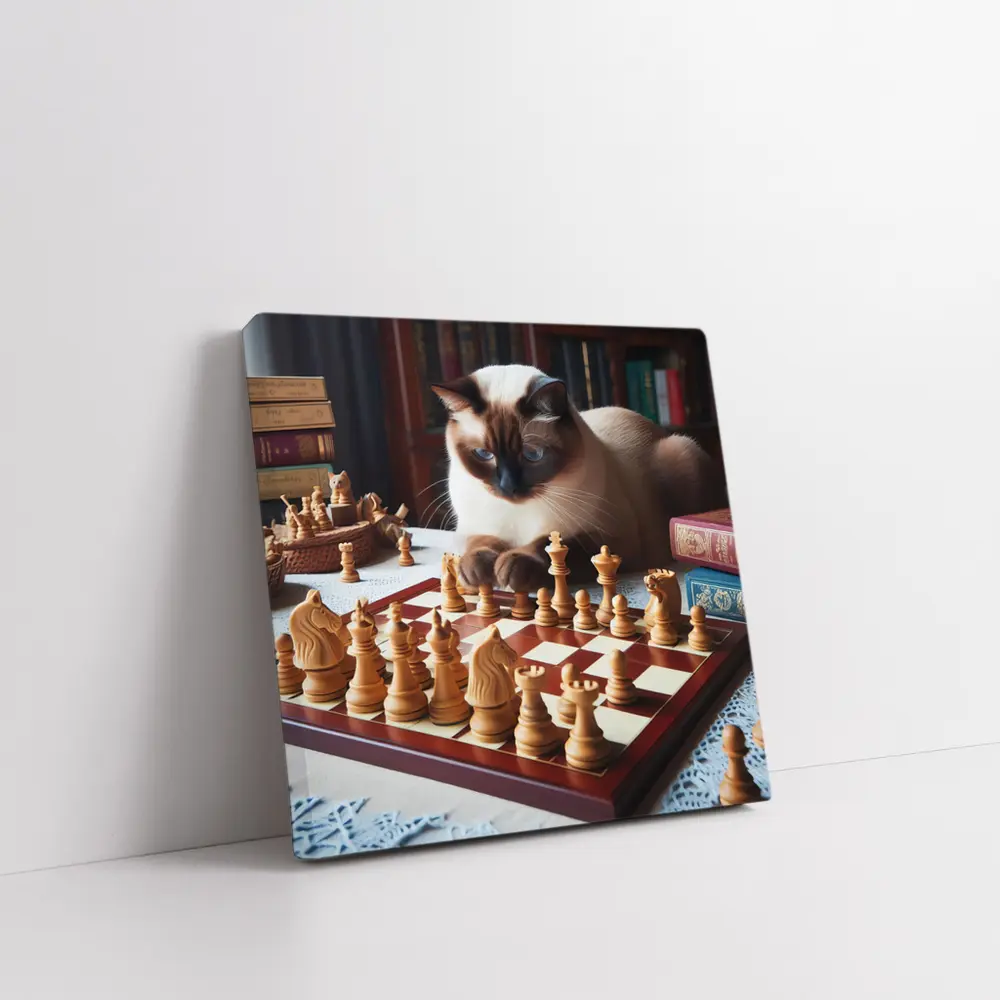Siamese Cat Studying Chess Board Library – Wall Art