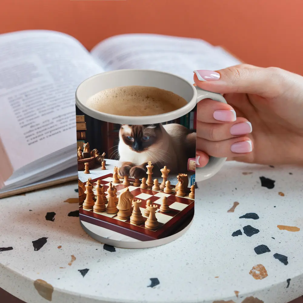 Siamese Cat Studying Chess Board Library – Mugs
