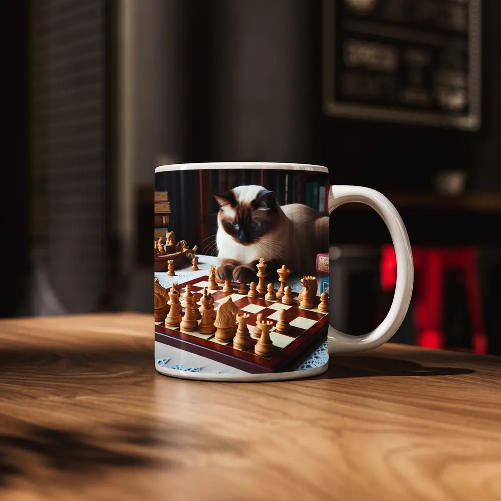 Siamese Cat Studying Chess Board Library – Mugs