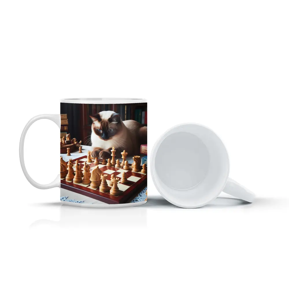 Siamese Cat Studying Chess Board Library – Mugs