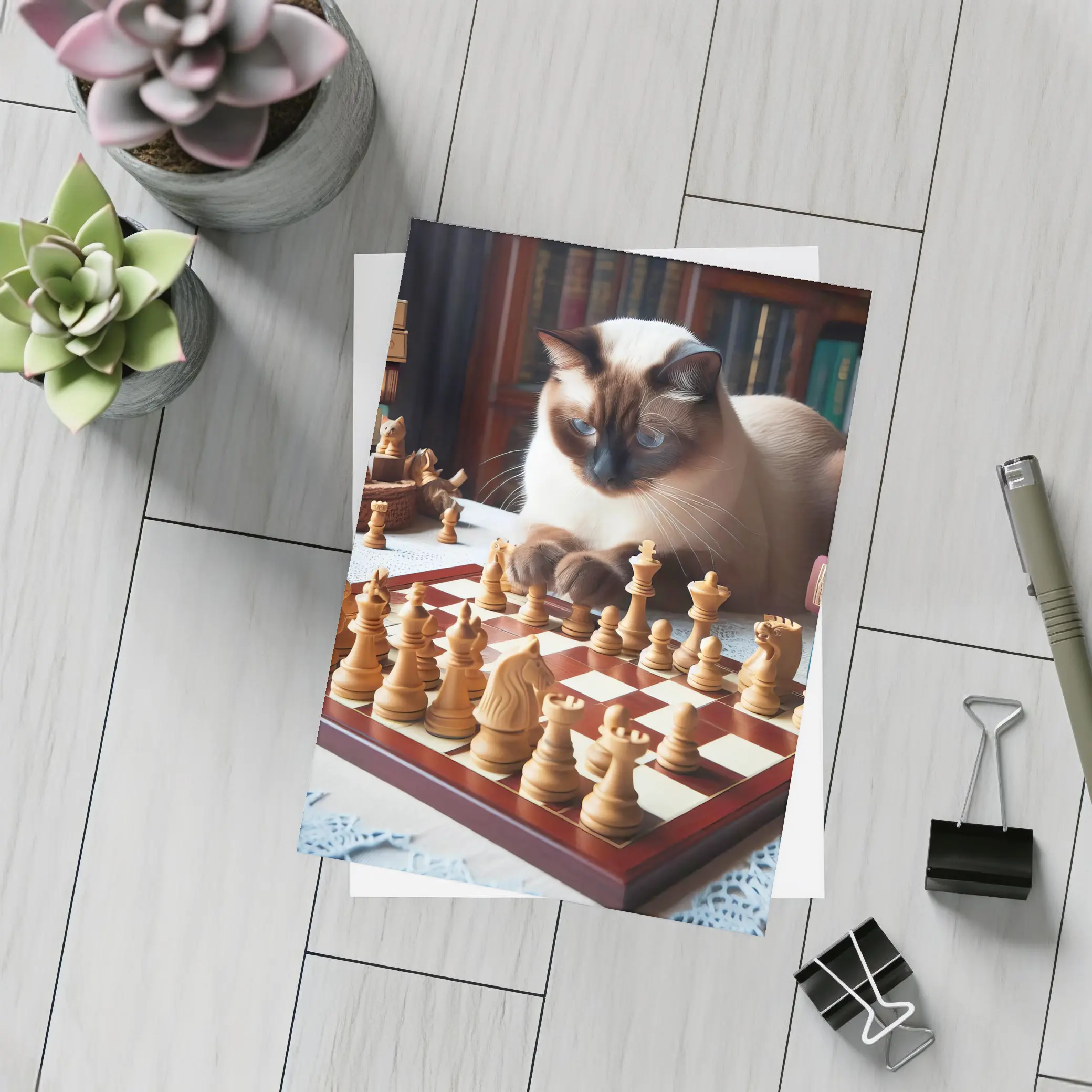 Siamese Cat Studying Chess Board Library – Postcards