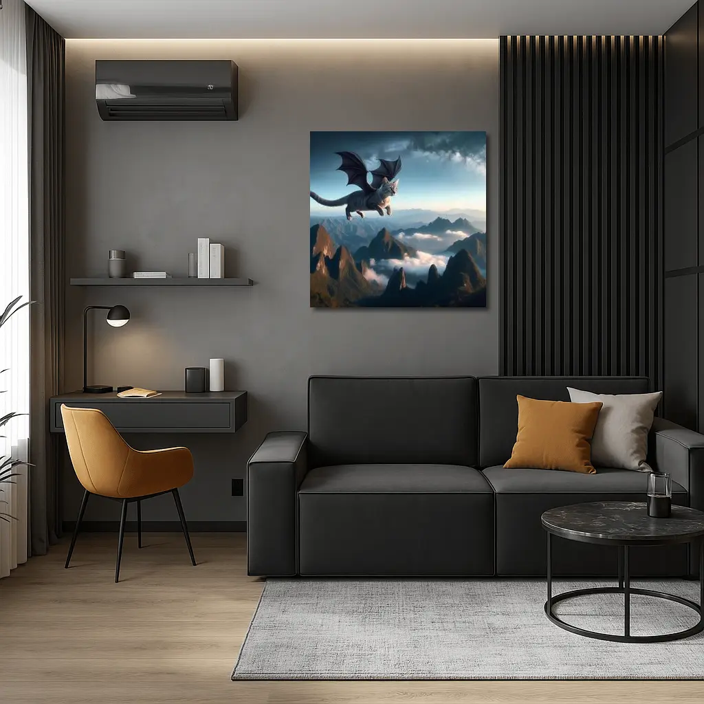 Dragon Cat Flying Over Misty Mountains – Wall Art