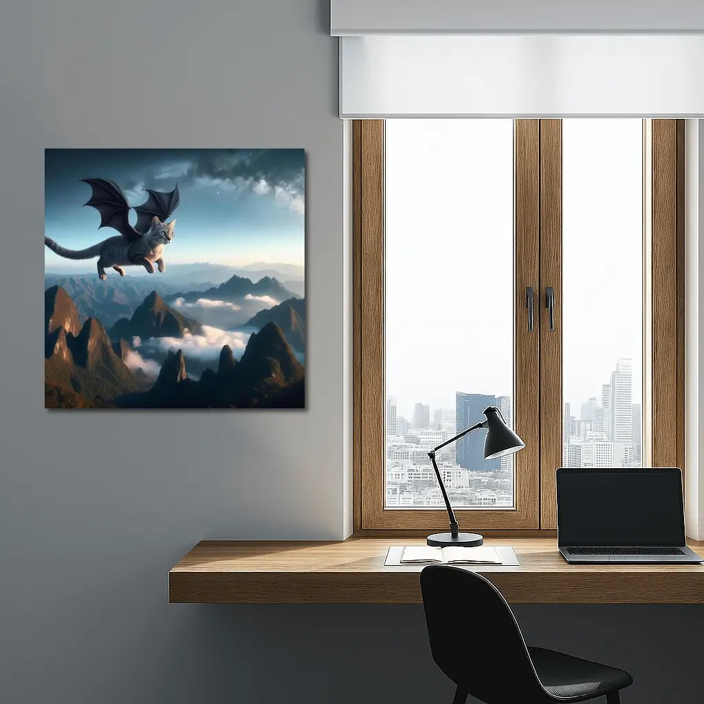 Dragon Cat Flying Over Misty Mountains – Wall Art