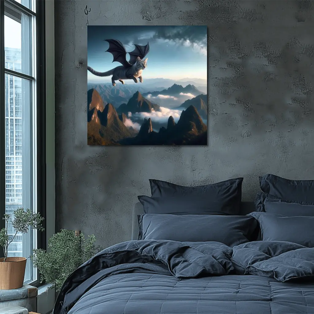 Dragon Cat Flying Over Misty Mountains – Wall Art