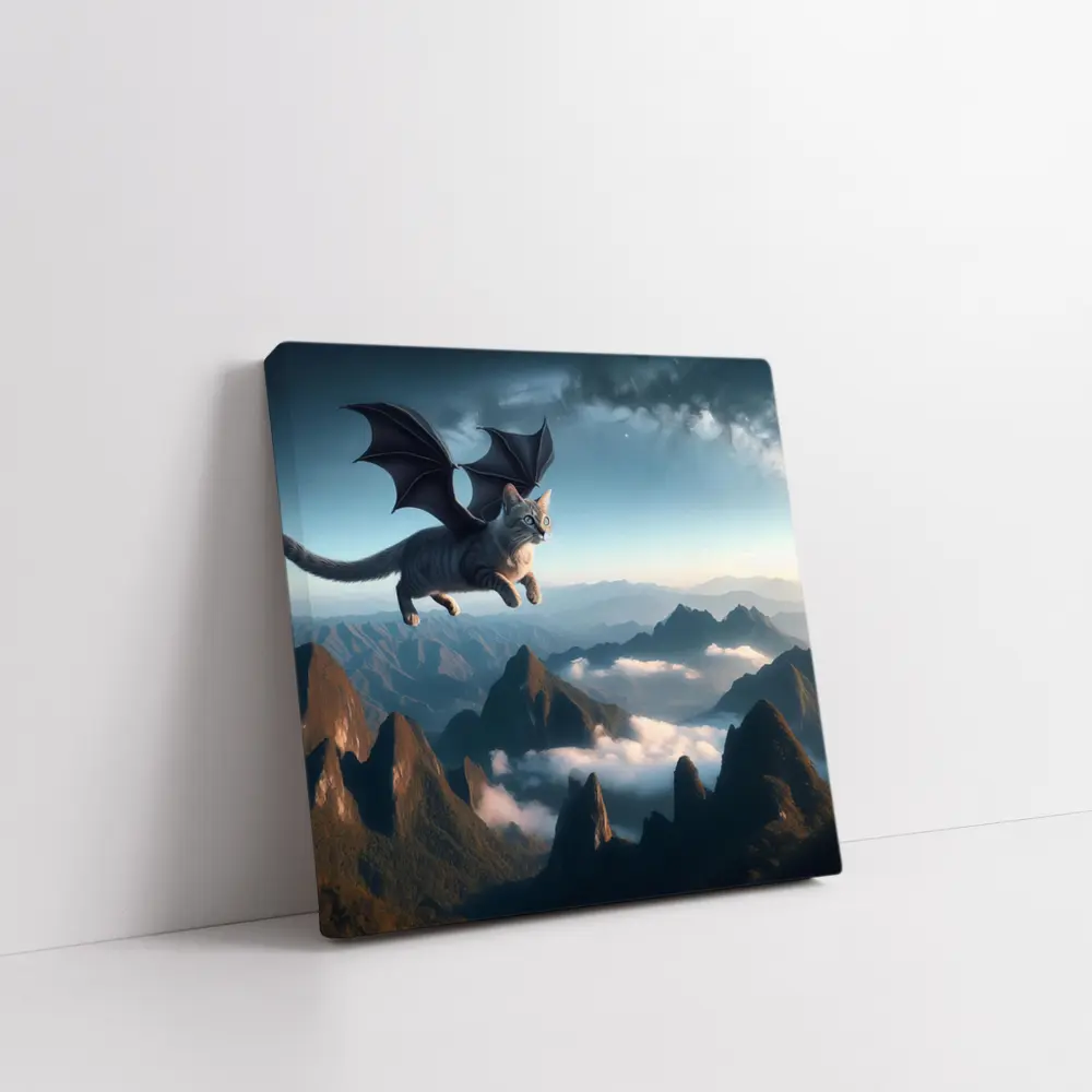 Dragon Cat Flying Over Misty Mountains – Wall Art