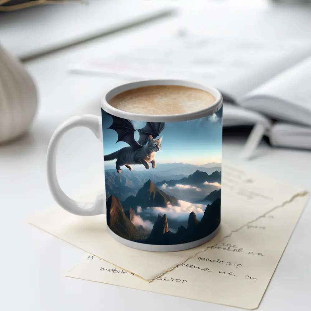 Dragon Cat Flying Over Misty Mountains – Mugs