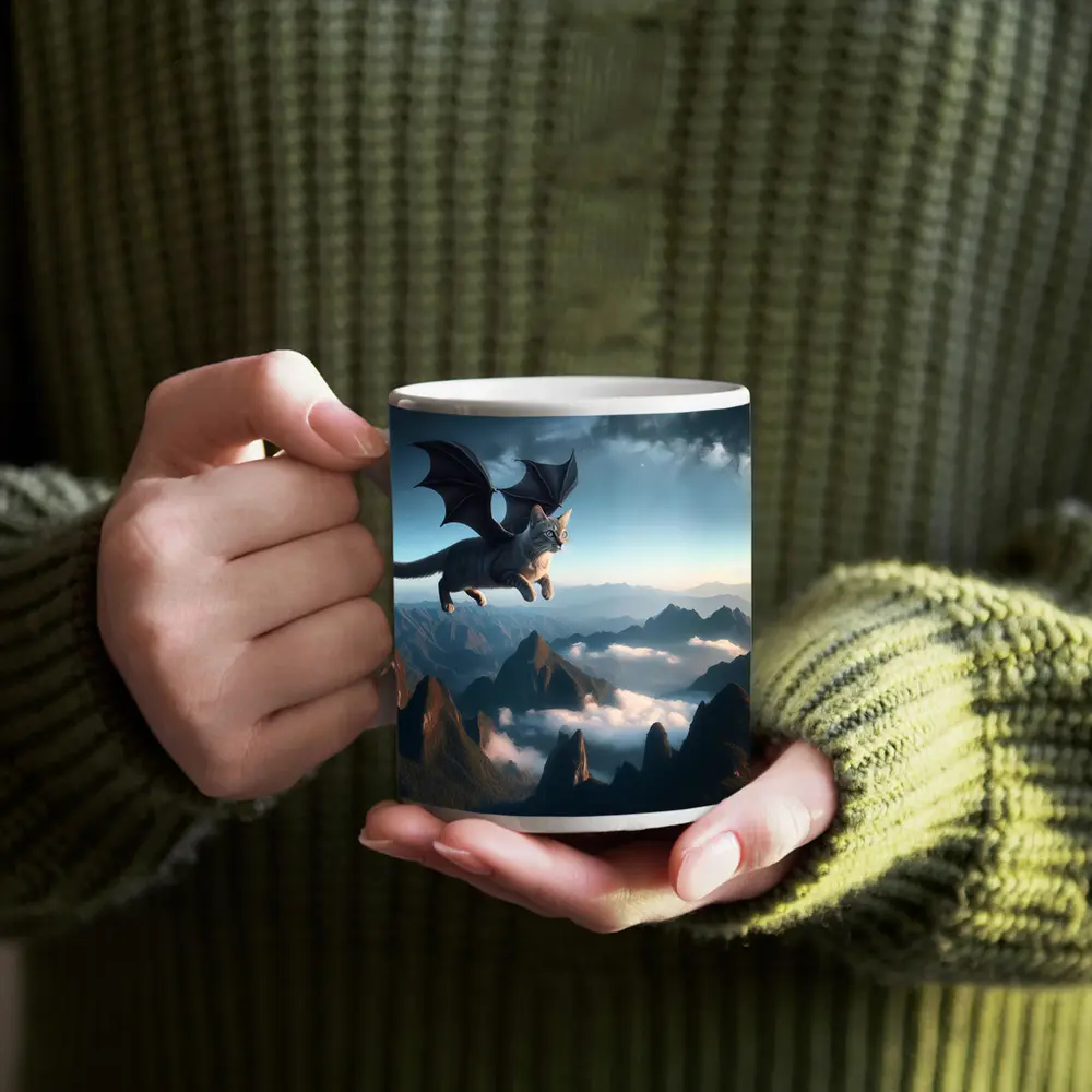 Dragon Cat Flying Over Misty Mountains – Mugs