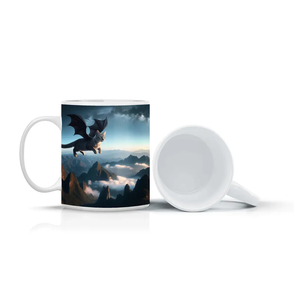 Dragon Cat Flying Over Misty Mountains – Mugs