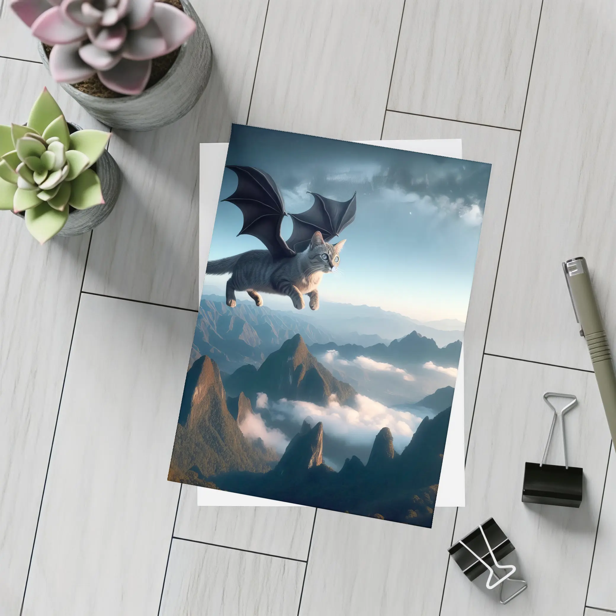Dragon Cat Flying Over Misty Mountains – Postcards