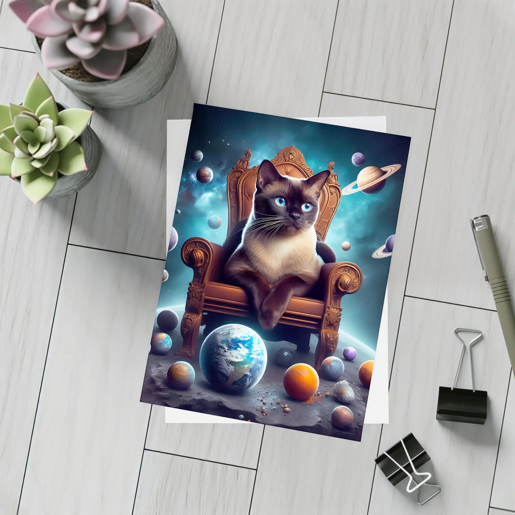 Siamese Cat Throne Space Planets Fantasy – Postcards