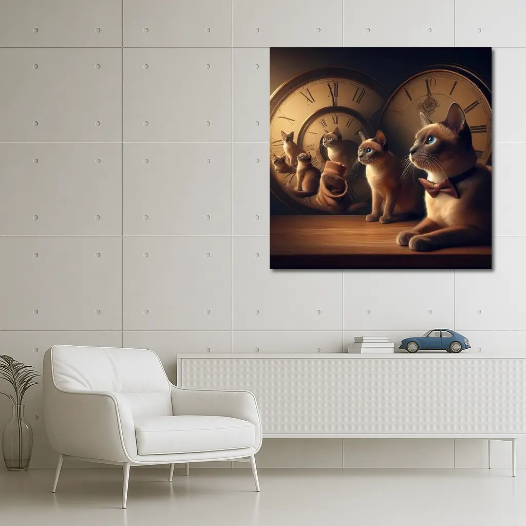Siamese Cats With Vintage Clocks Background – Wall Art