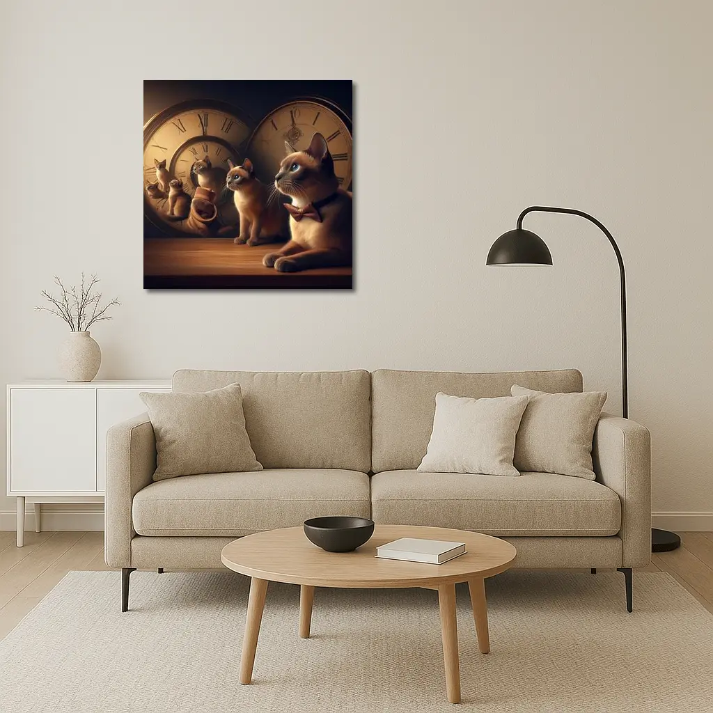 Siamese Cats With Vintage Clocks Background – Wall Art