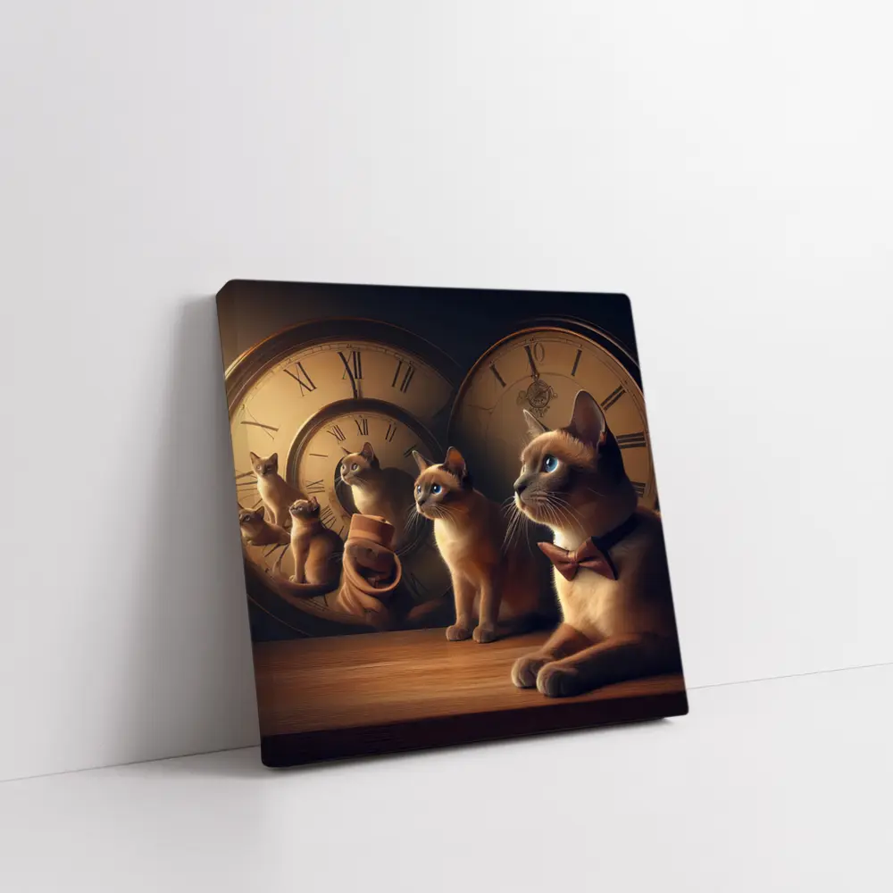 Siamese Cats With Vintage Clocks Background – Wall Art
