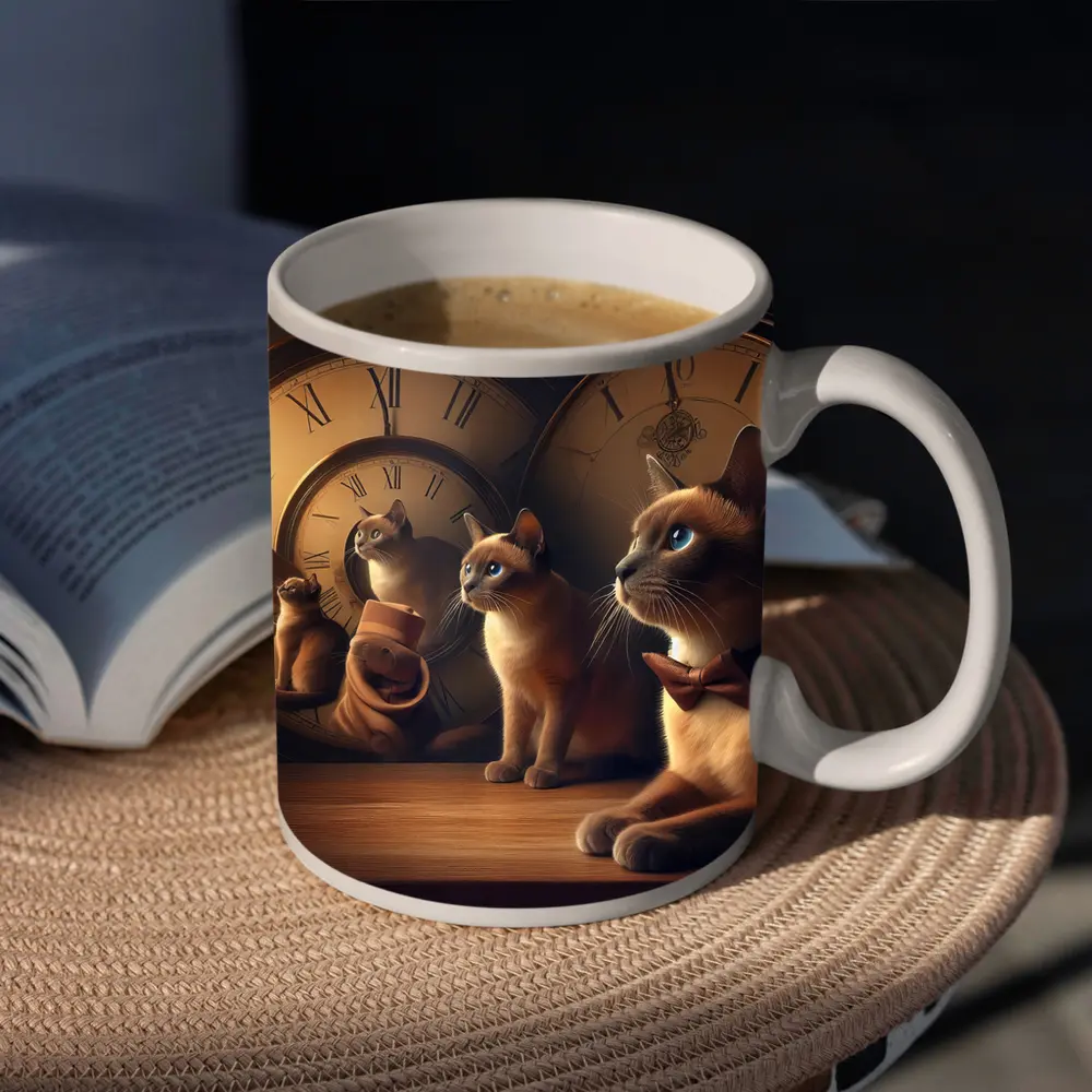 Siamese Cats With Vintage Clocks Background – Mugs
