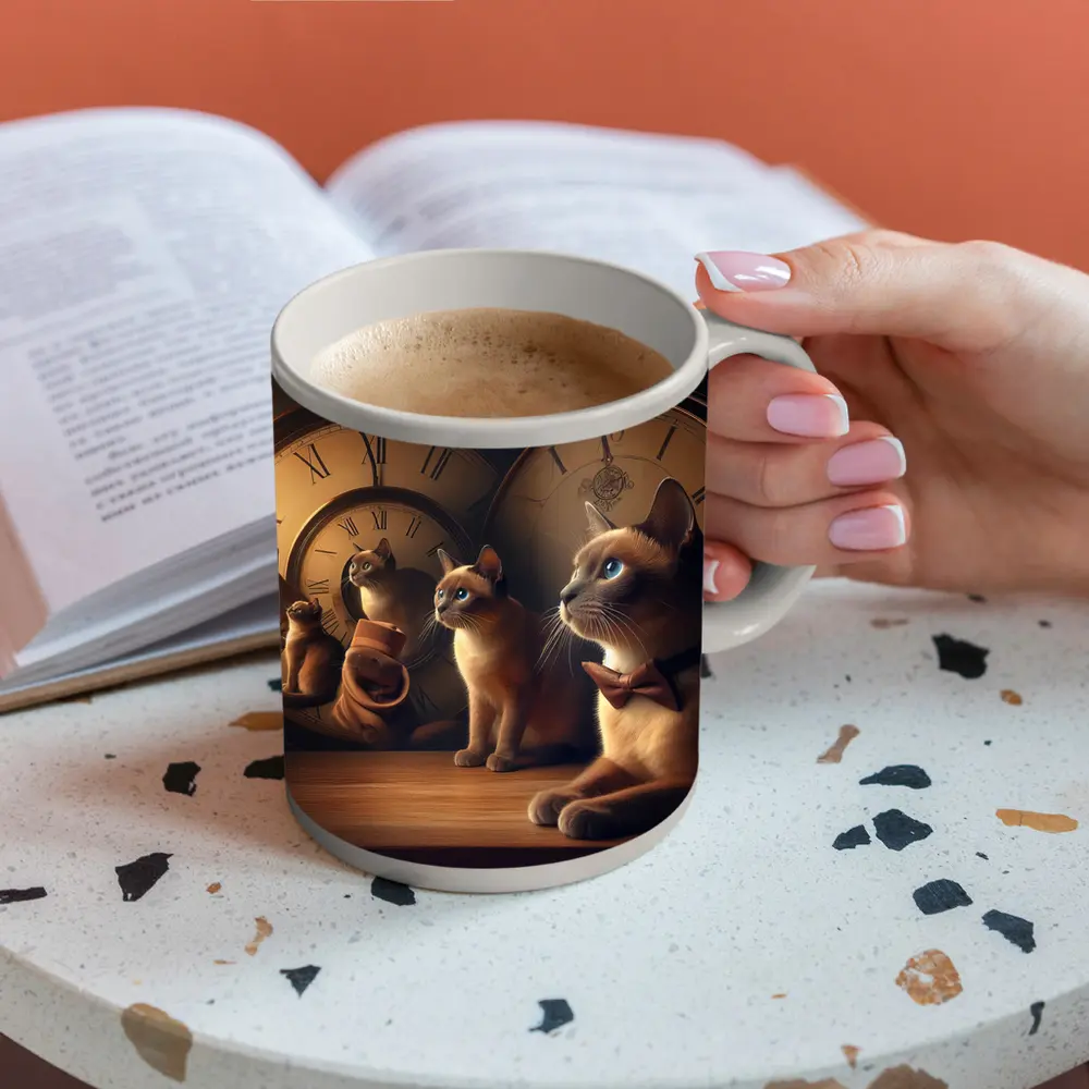 Siamese Cats With Vintage Clocks Background – Mugs