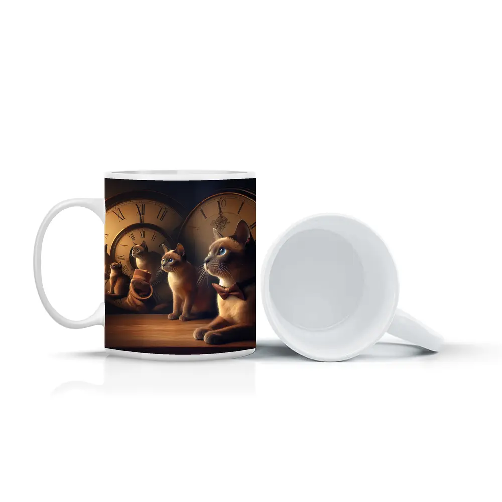 Siamese Cats With Vintage Clocks Background – Mugs
