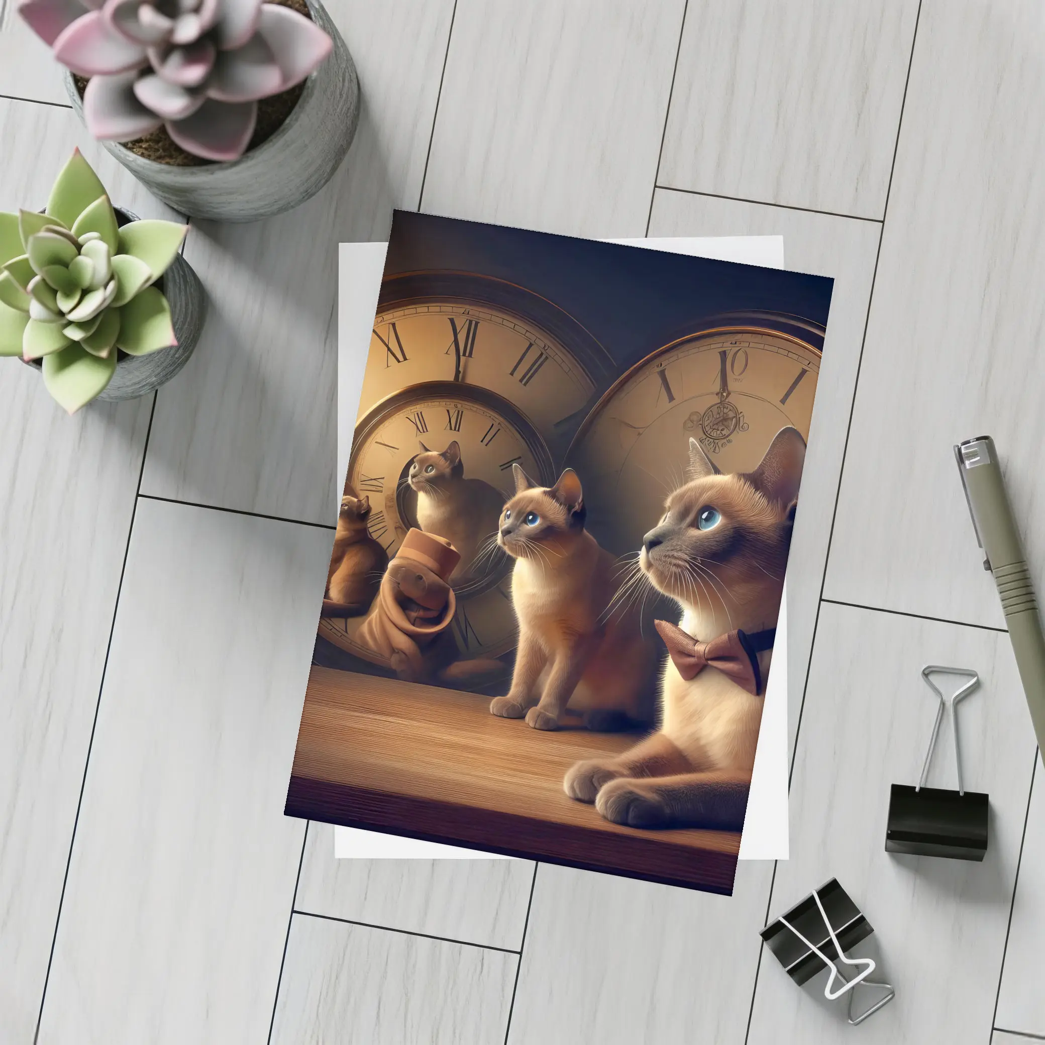 Siamese Cats With Vintage Clocks Background – Postcards
