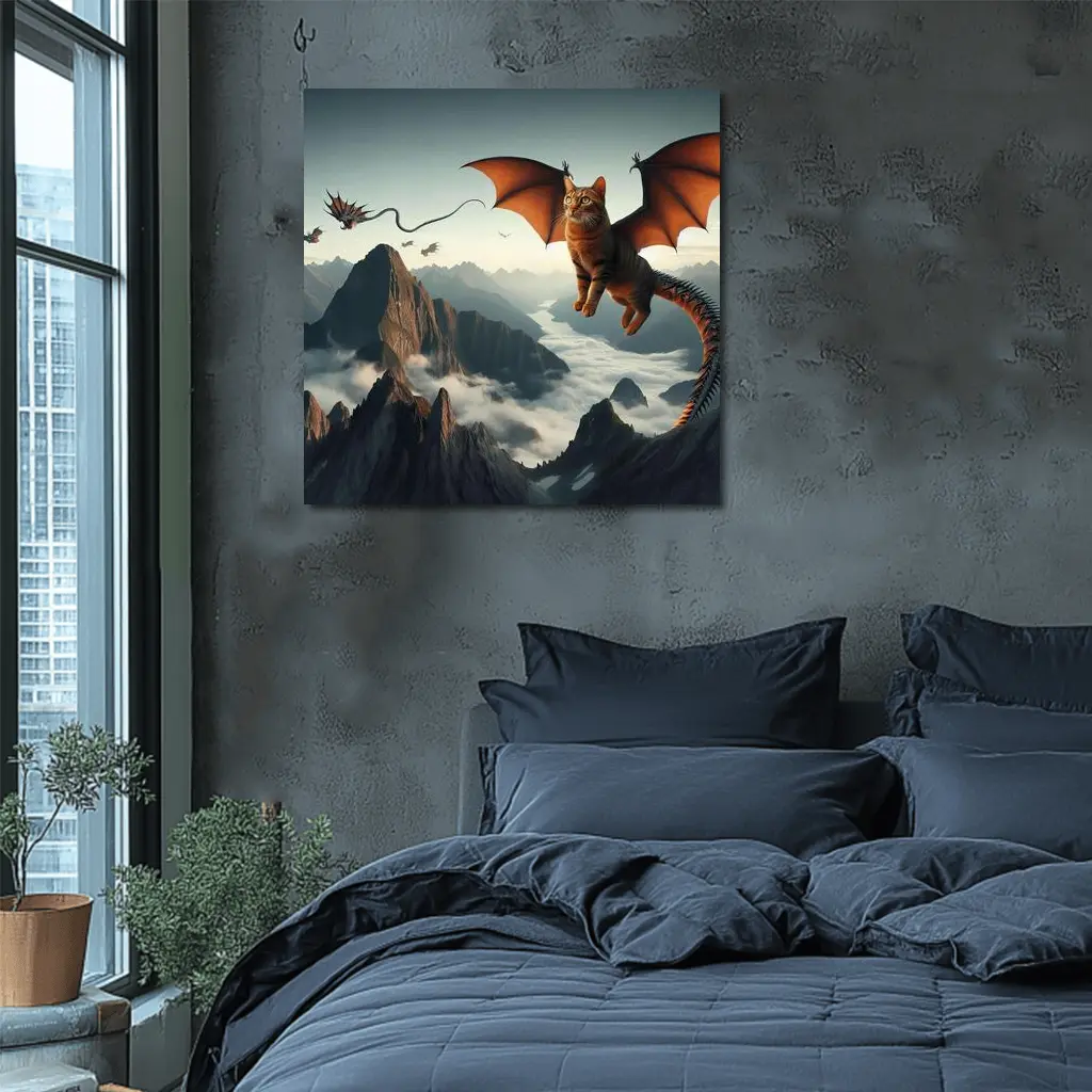 Flying Cat Dragon Over Misty Mountains – Wall Art