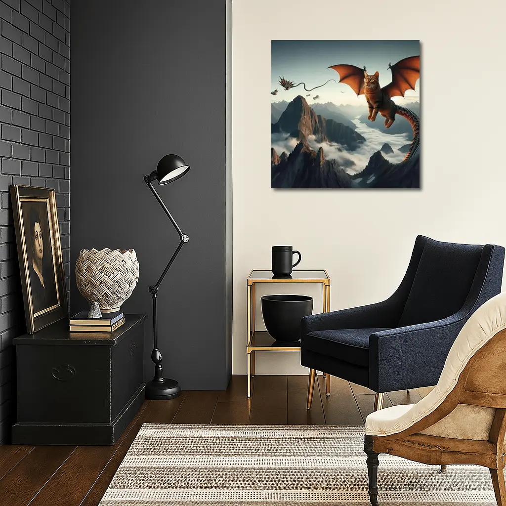Flying Cat Dragon Over Misty Mountains – Wall Art
