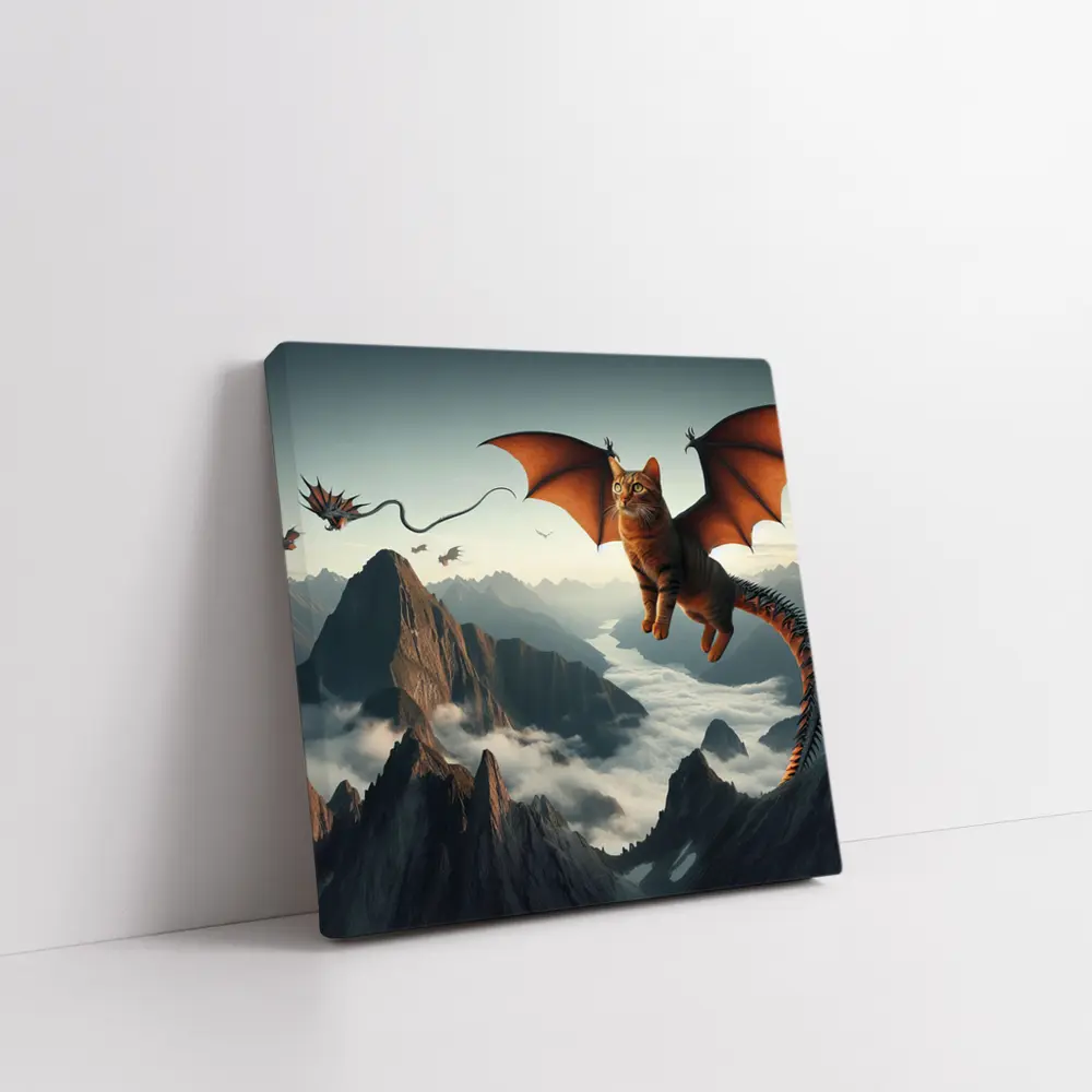 Flying Cat Dragon Over Misty Mountains – Wall Art