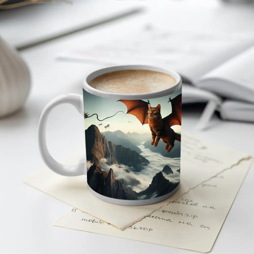 Flying Cat Dragon Over Misty Mountains – Mugs