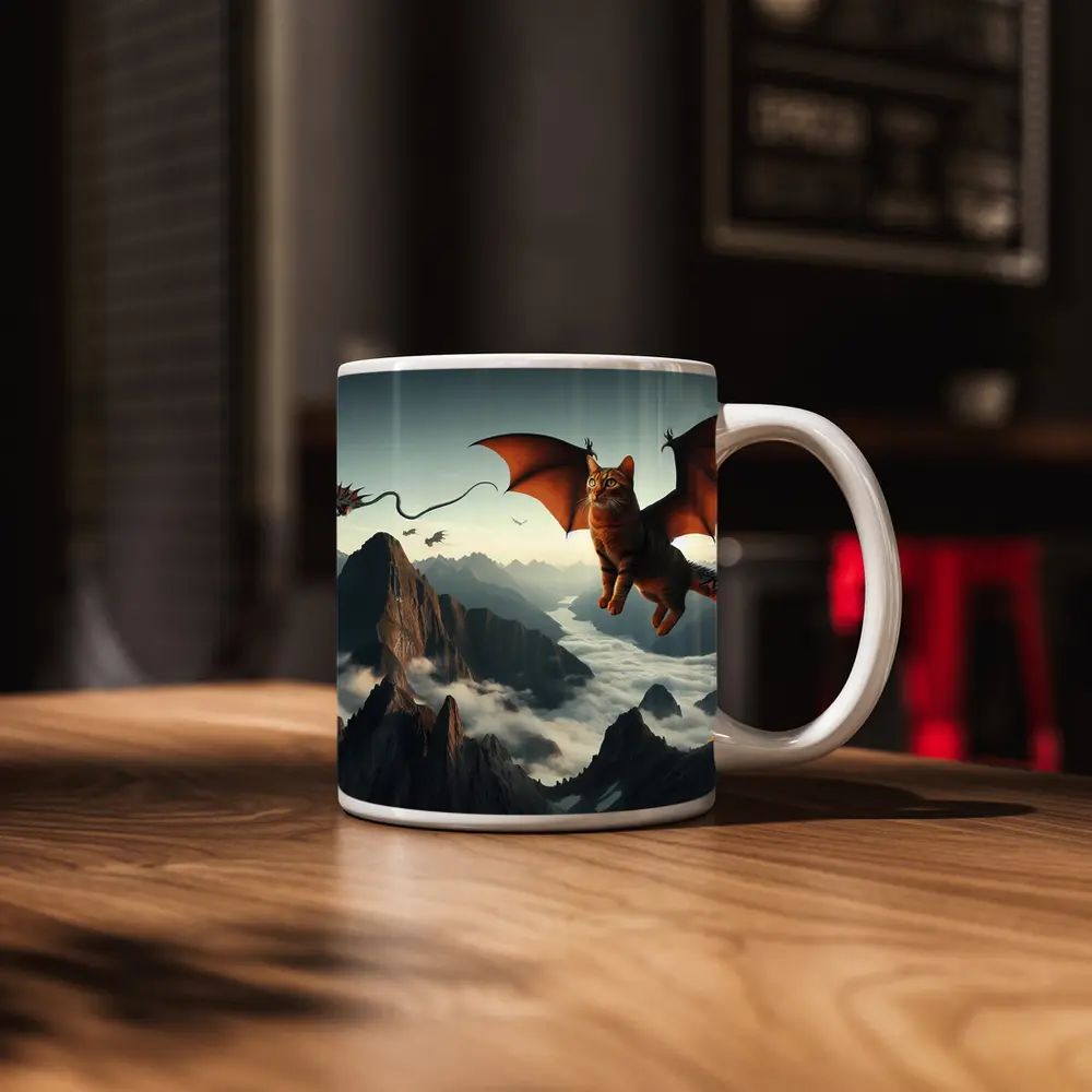 Flying Cat Dragon Over Misty Mountains – Mugs