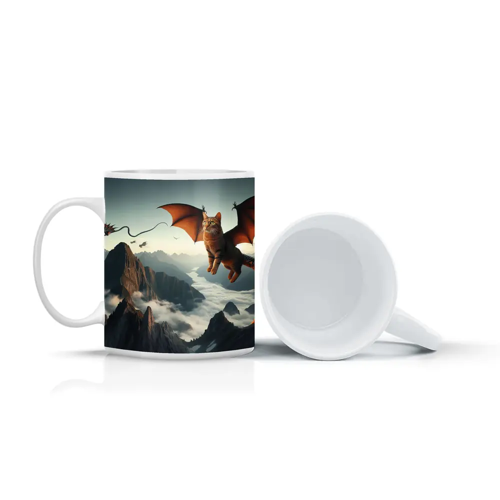 Flying Cat Dragon Over Misty Mountains – Mugs