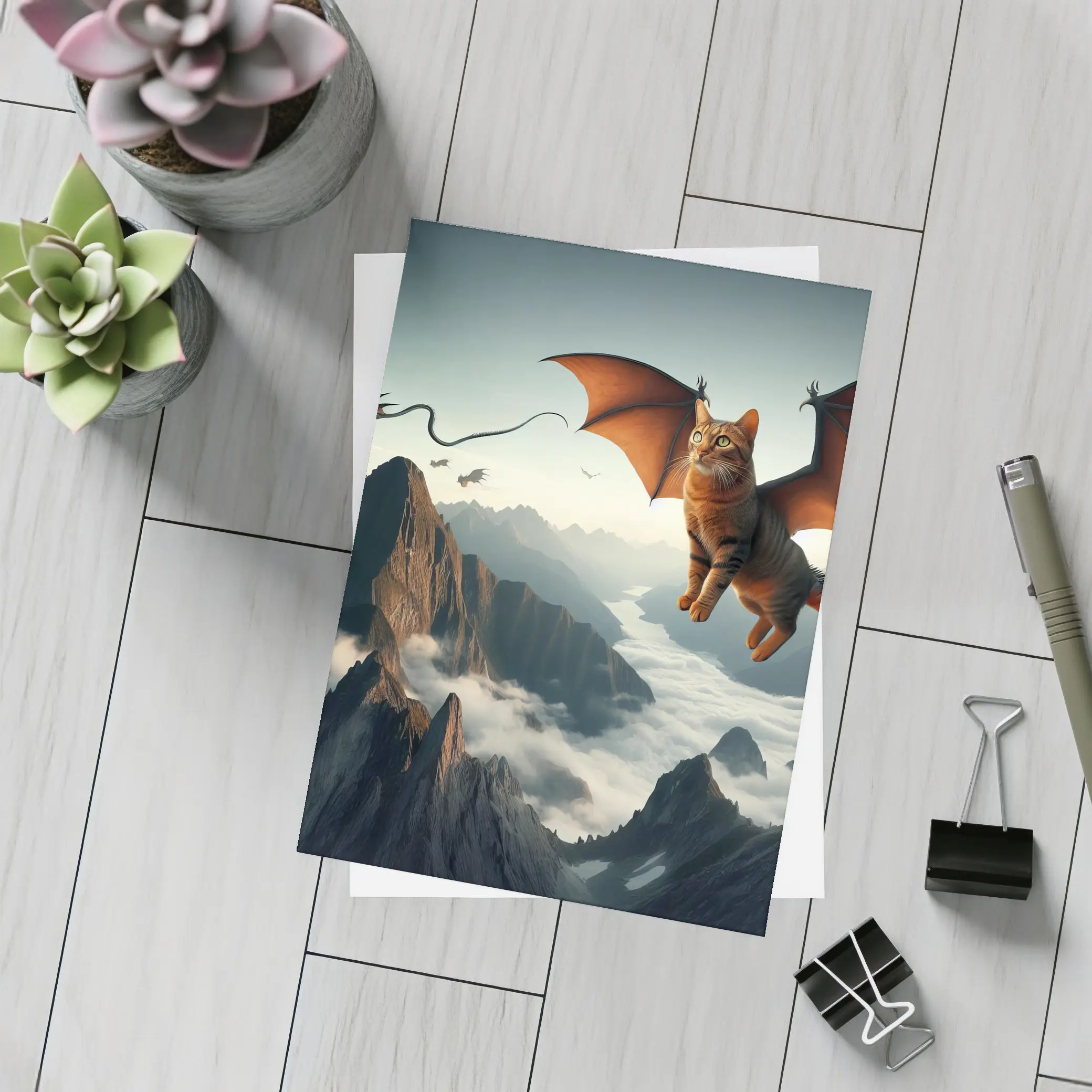 Flying Cat Dragon Over Misty Mountains – Postcards