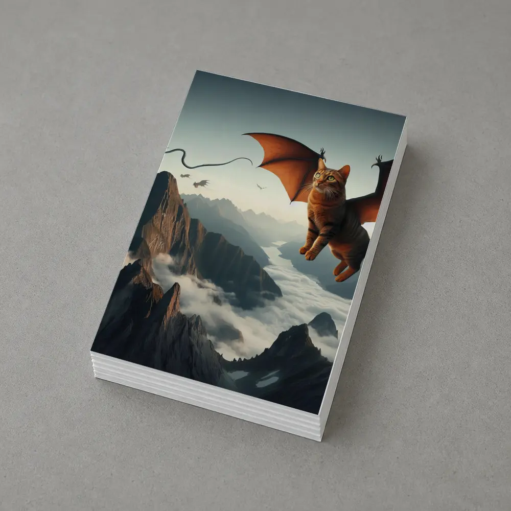 Flying Cat Dragon Over Misty Mountains – Postcards