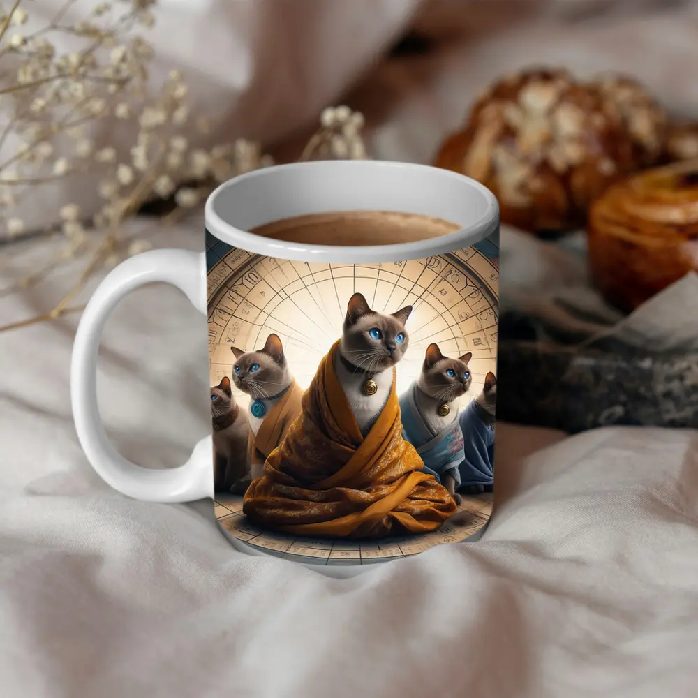 Siamese Cats Robed Zodiac Wheel Background – Mugs