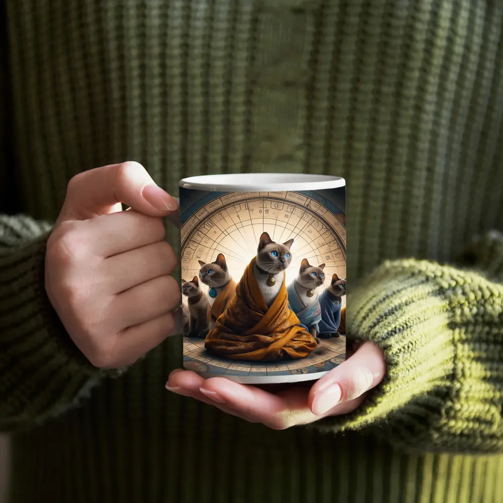 Siamese Cats Robed Zodiac Wheel Background – Mugs
