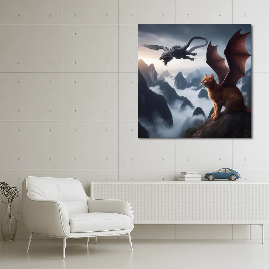 Orange Cat Dragon Wings Misty Mountain Fantasy – Wall Art
