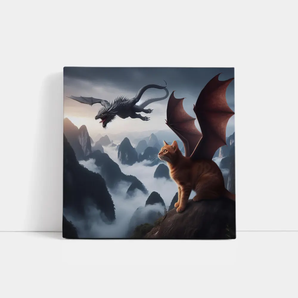 Orange Cat Dragon Wings Misty Mountain Fantasy – Wall Art