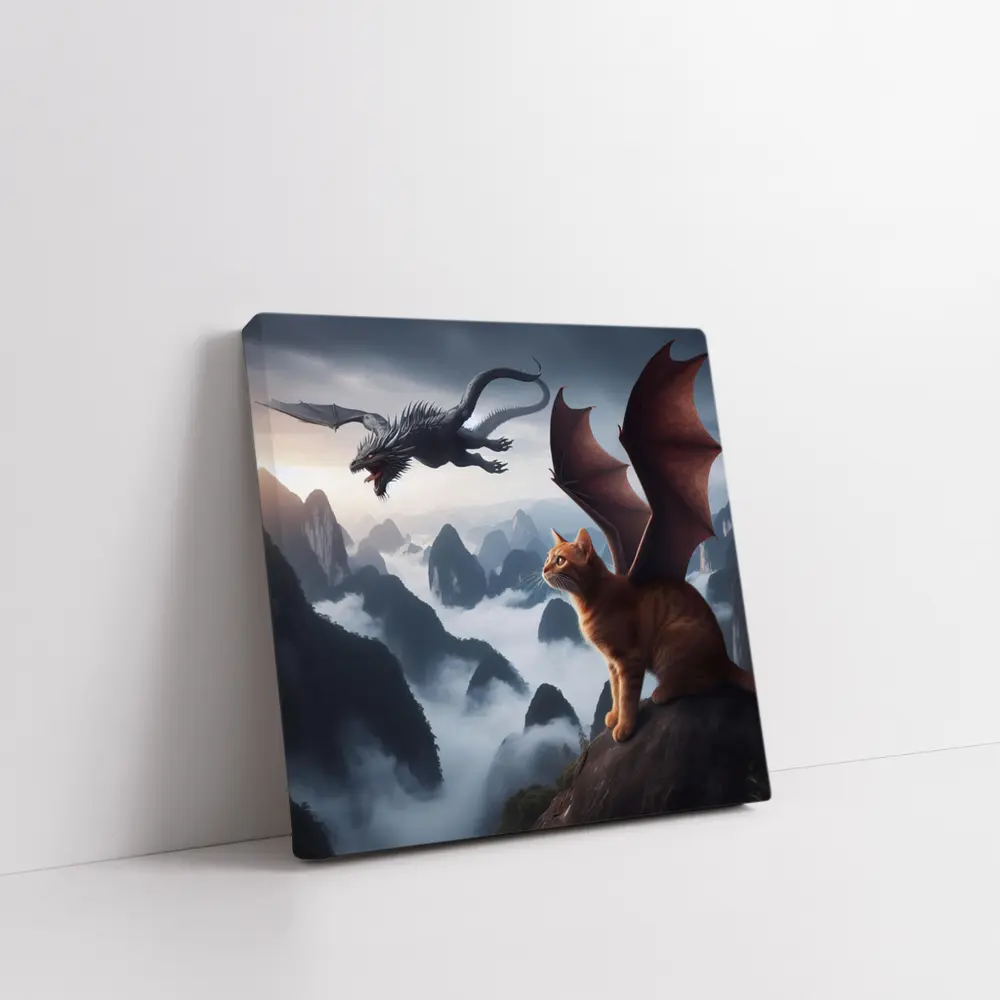 Orange Cat Dragon Wings Misty Mountain Fantasy – Wall Art