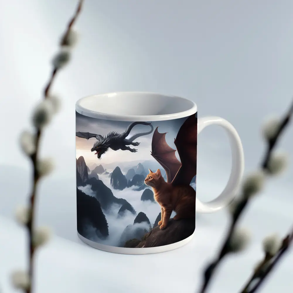 Orange Cat Dragon Wings Misty Mountain Fantasy – Mugs