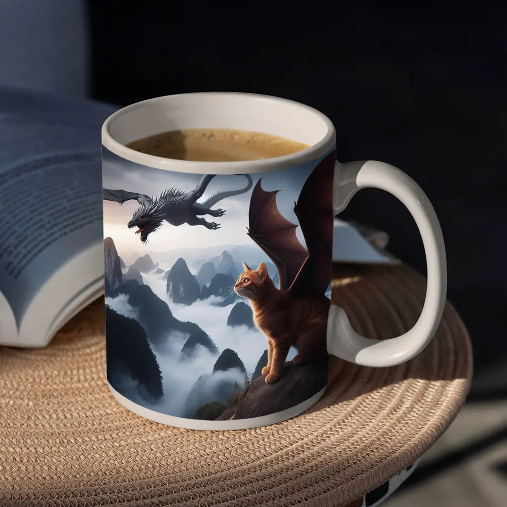 Orange Cat Dragon Wings Misty Mountain Fantasy – Mugs