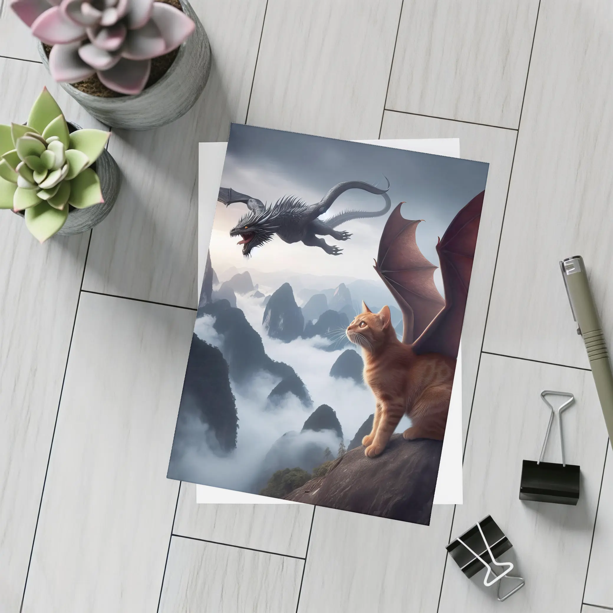 Orange Cat Dragon Wings Misty Mountain Fantasy – Postcards