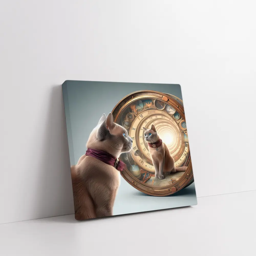 Burmese Cat Gazing Into Cosmic Clock Portal – Wall Art