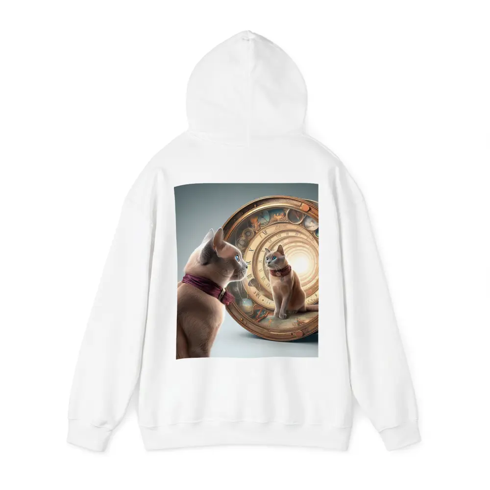 Burmese Cat Gazing Into Cosmic Clock Portal – Hoodies