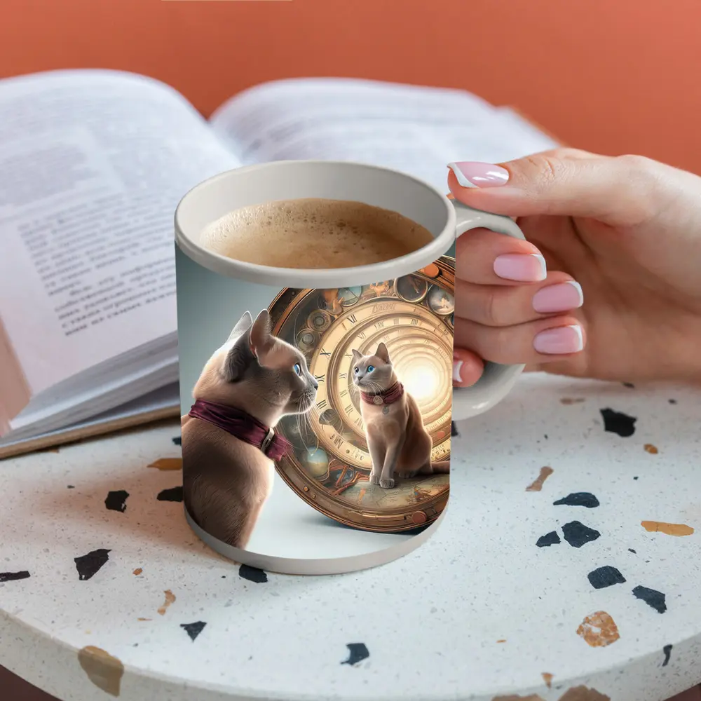 Burmese Cat Gazing Into Cosmic Clock Portal – Mugs