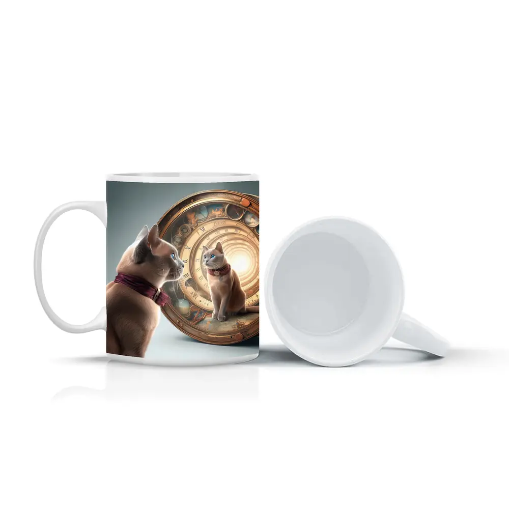 Burmese Cat Gazing Into Cosmic Clock Portal – Mugs