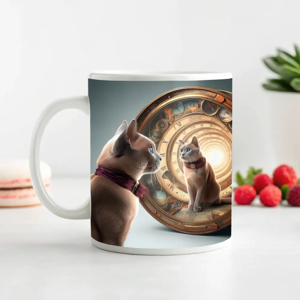 Burmese Cat Gazing Into Cosmic Clock Portal – Mugs