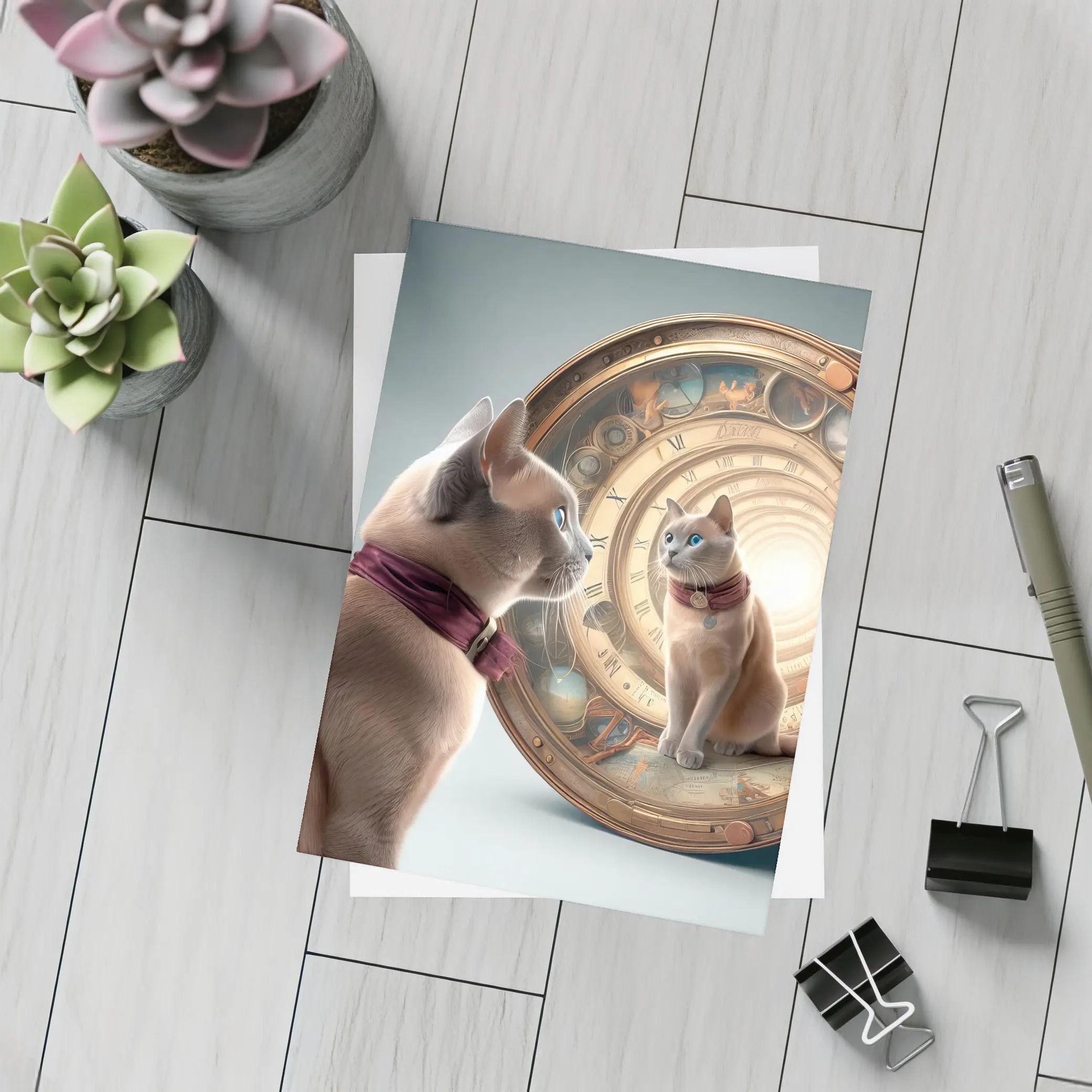 Burmese Cat Gazing Into Cosmic Clock Portal – Postcards
