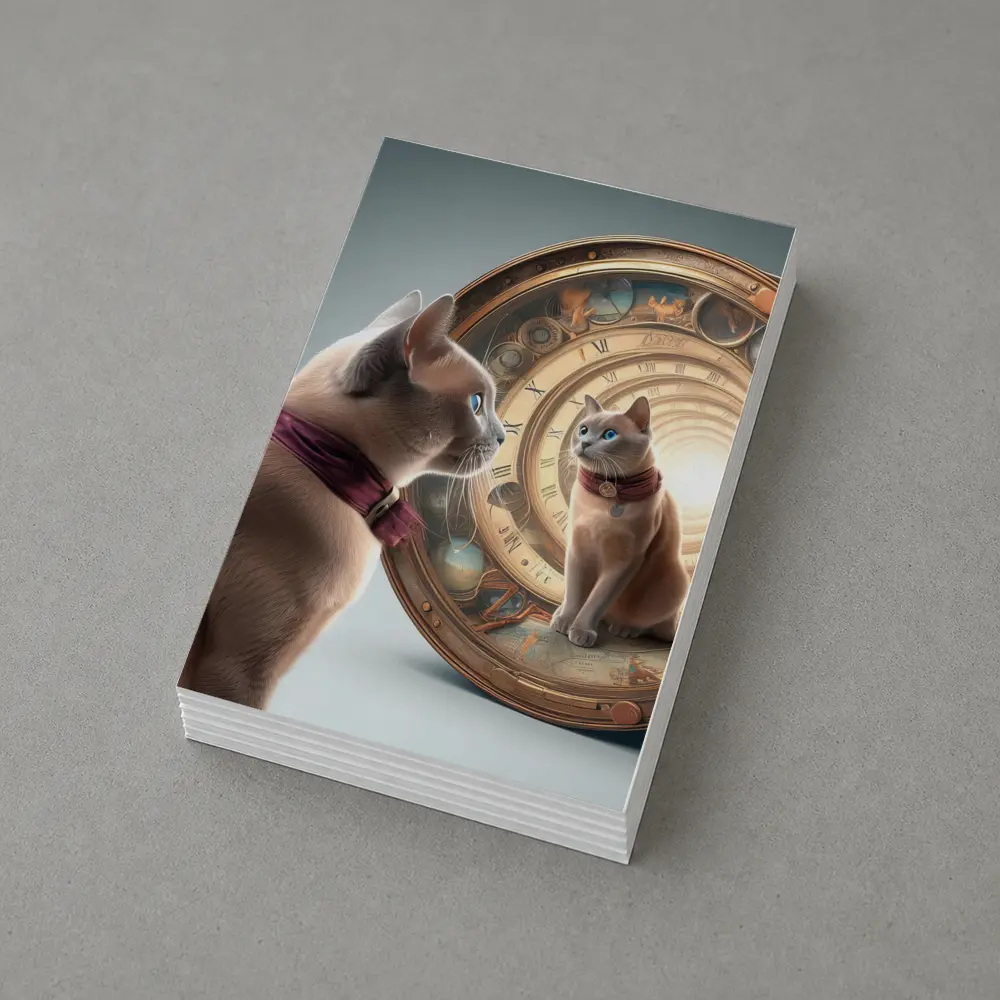 Burmese Cat Gazing Into Cosmic Clock Portal – Postcards